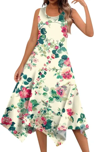 Womens Summer Dresses Summer Casual Floral Sleeveless Dress Flowy Hankerchief Hem Sundresses Beach Midi Tank Dresses