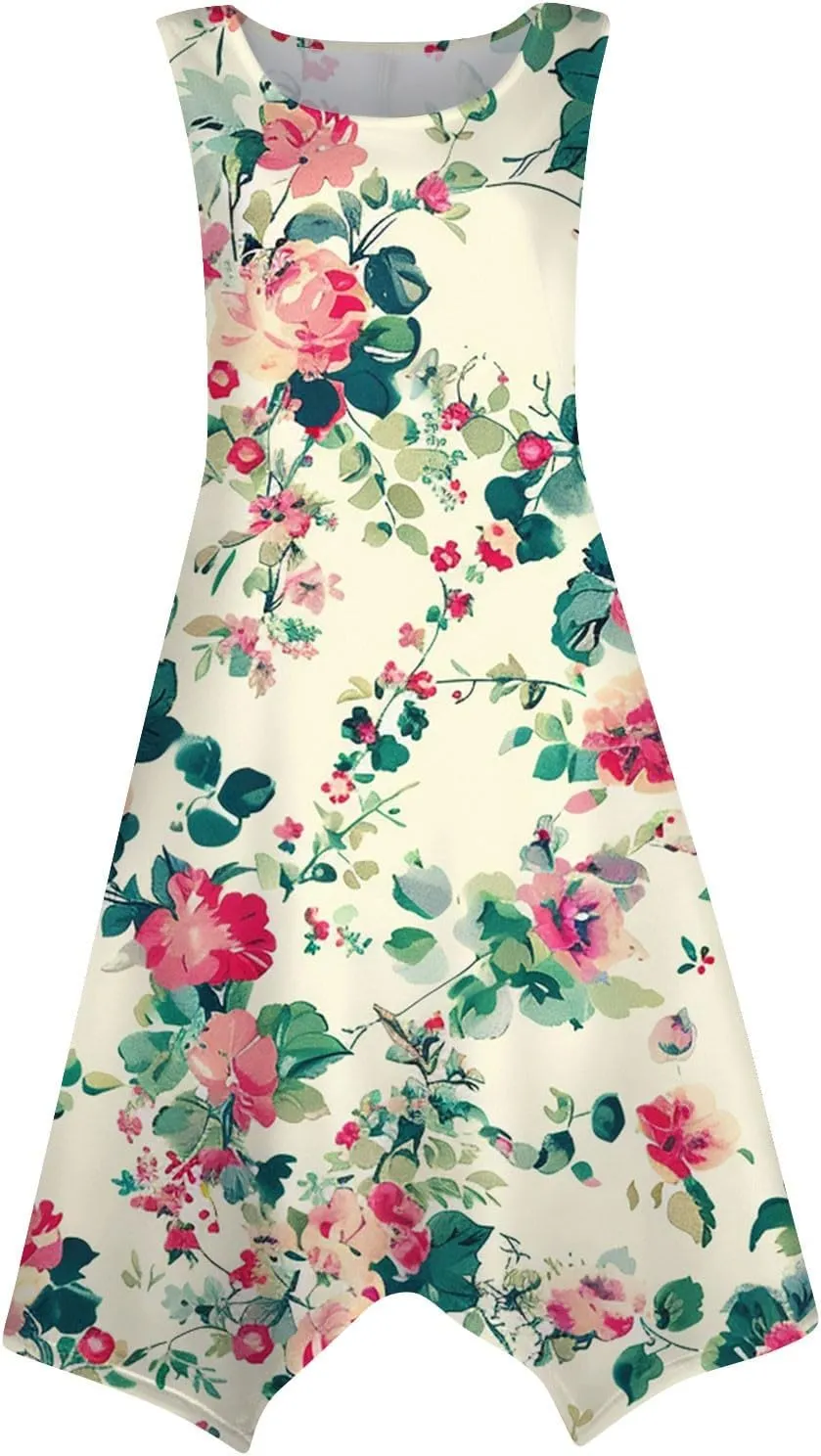 Womens Summer Dresses Summer Casual Floral Sleeveless Dress Flowy Hankerchief Hem Sundresses Beach Midi Tank Dresses