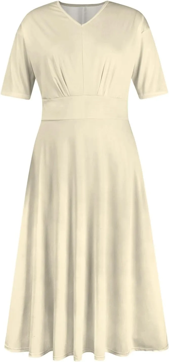 Womens Summer Dresses Summer Casual V-Neck Short Sleeve Dress Aline Beach Tshirt Dress Flowy Solid Color Midi Dresses