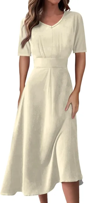 Womens Summer Dresses Summer Casual V-Neck Short Sleeve Dress Aline Beach Tshirt Dress Flowy Solid Color Midi Dresses