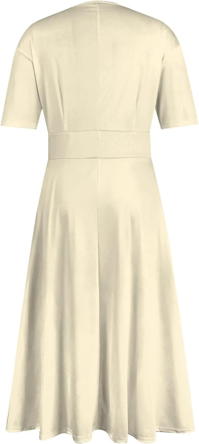 Womens Summer Dresses Summer Casual V-Neck Short Sleeve Dress Aline Beach Tshirt Dress Flowy Solid Color Midi Dresses