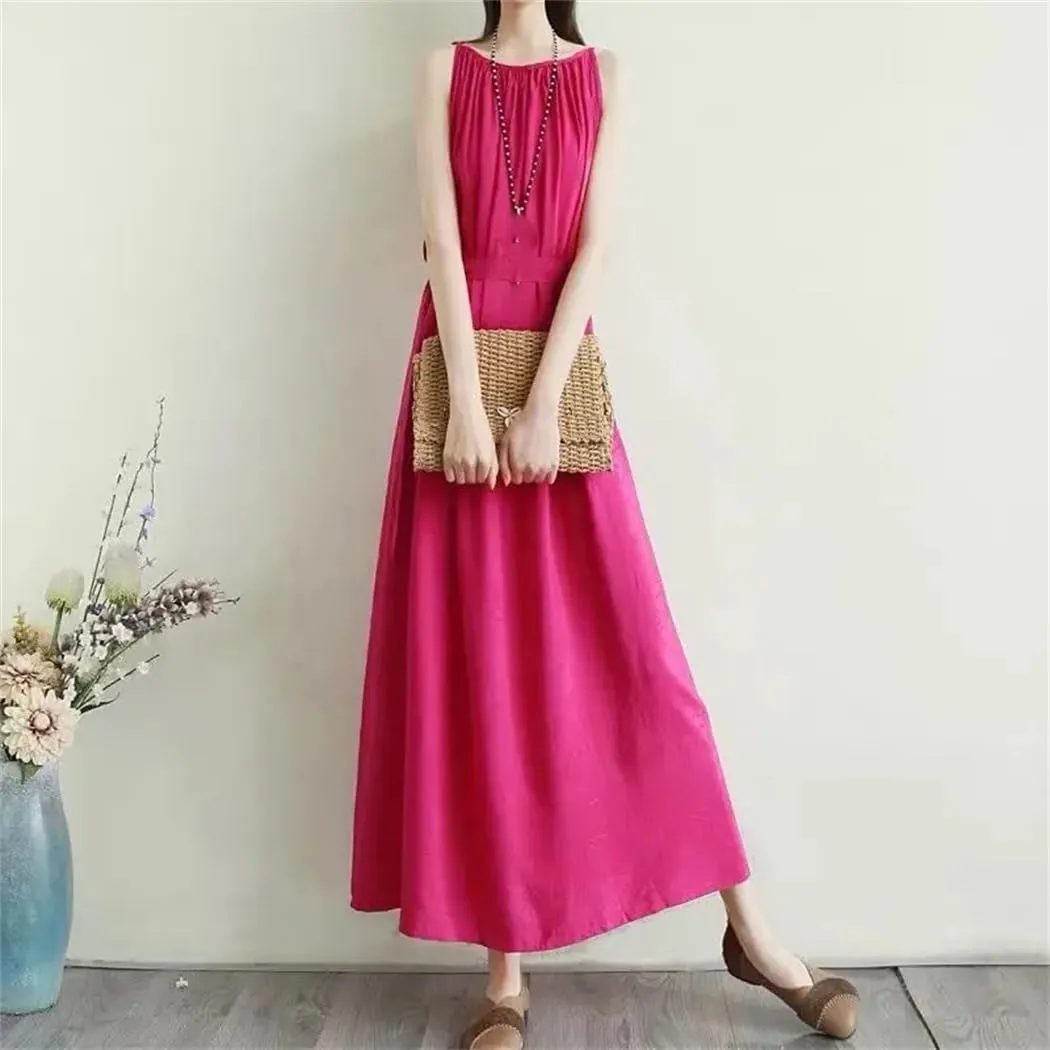 Women's Summer Fashion O-Neck Folds Dress Loose Solid Color Office Lady Slip Dress
