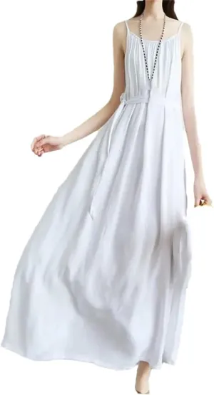 Women's Summer Fashion O-Neck Folds Dress Loose Solid Color Office Lady Slip Dress