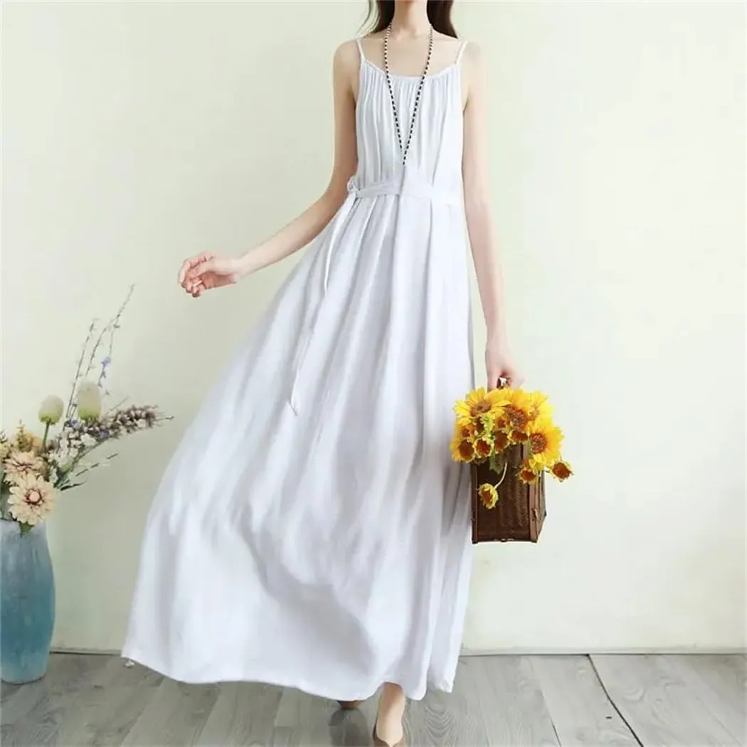 Women's Summer Fashion O-Neck Folds Dress Loose Solid Color Office Lady Slip Dress