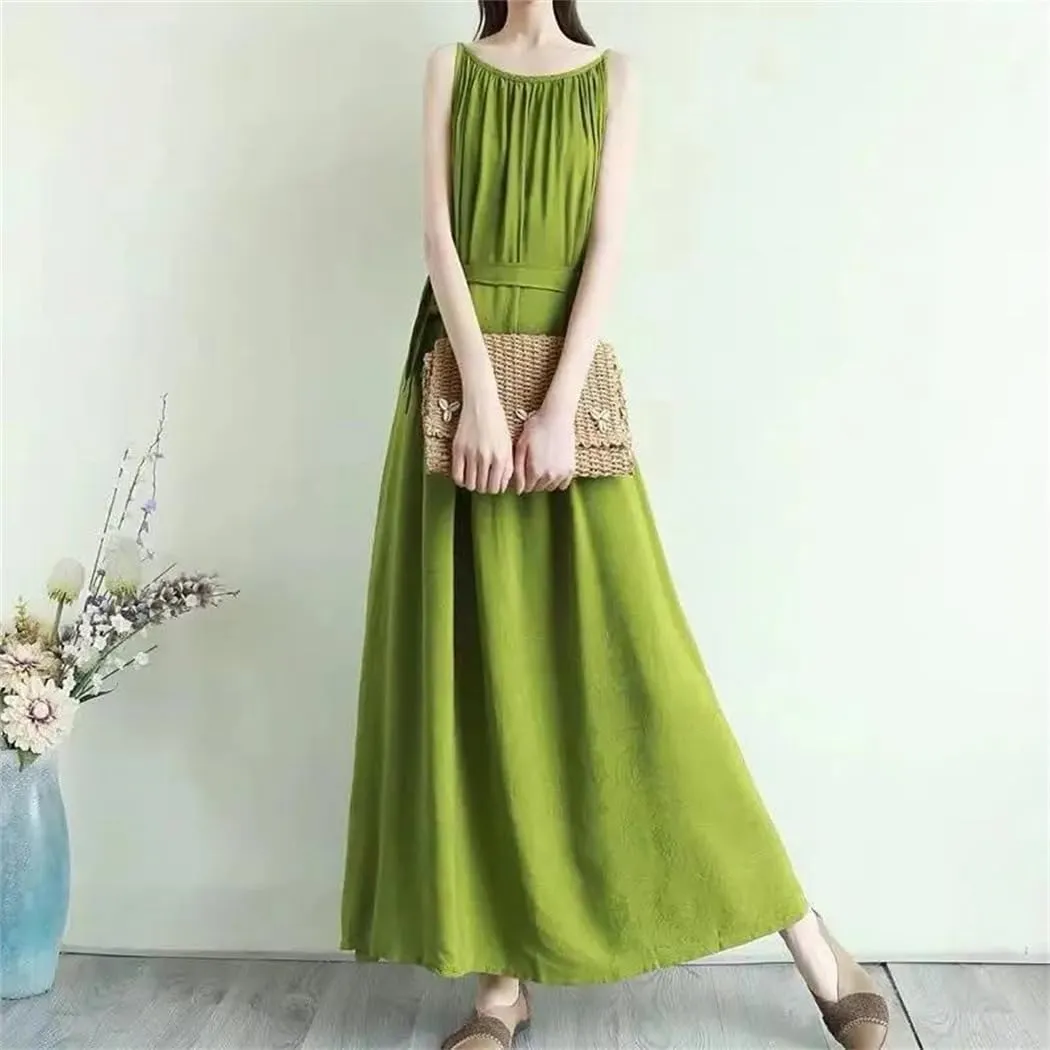 Women's Summer Fashion O-Neck Folds Dress Loose Solid Color Office Lady Slip Dress