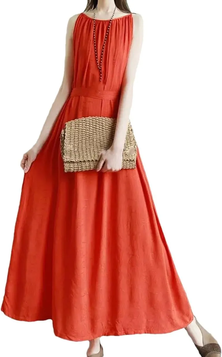 Women's Summer Fashion O-Neck Folds Dress Loose Solid Color Office Lady Slip Dress