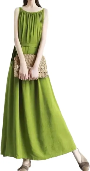 Women's Summer Fashion O-Neck Folds Dress Loose Solid Color Office Lady Slip Dress