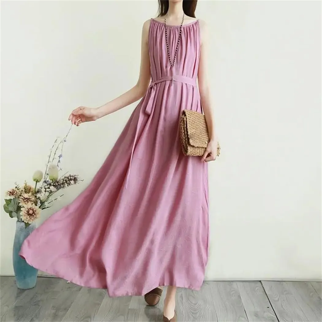 Women's Summer Fashion O-Neck Folds Dress Loose Solid Color Office Lady Slip Dress