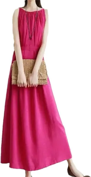 Women's Summer Fashion O-Neck Folds Dress Loose Solid Color Office Lady Slip Dress