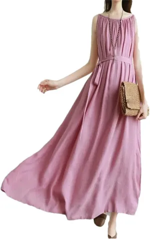 Women's Summer Fashion O-Neck Folds Dress Loose Solid Color Office Lady Slip Dress