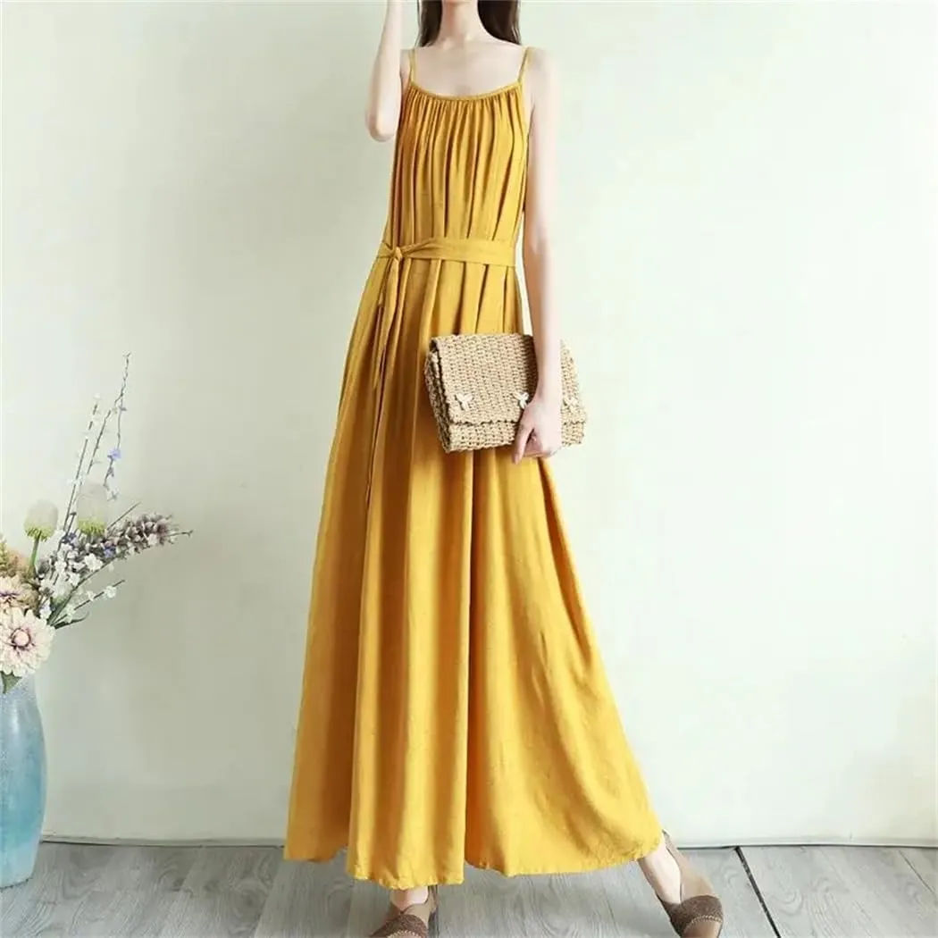 Women's Summer Fashion O-Neck Folds Dress Loose Solid Color Office Lady Slip Dress