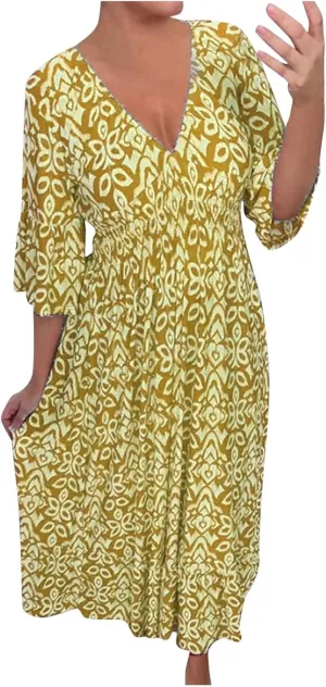 Womens Summer Maxi Dresses V Neck Floral Print Long Swing Dress 3/4 Sleeve Loose Casual Boho Beach Sun Dress