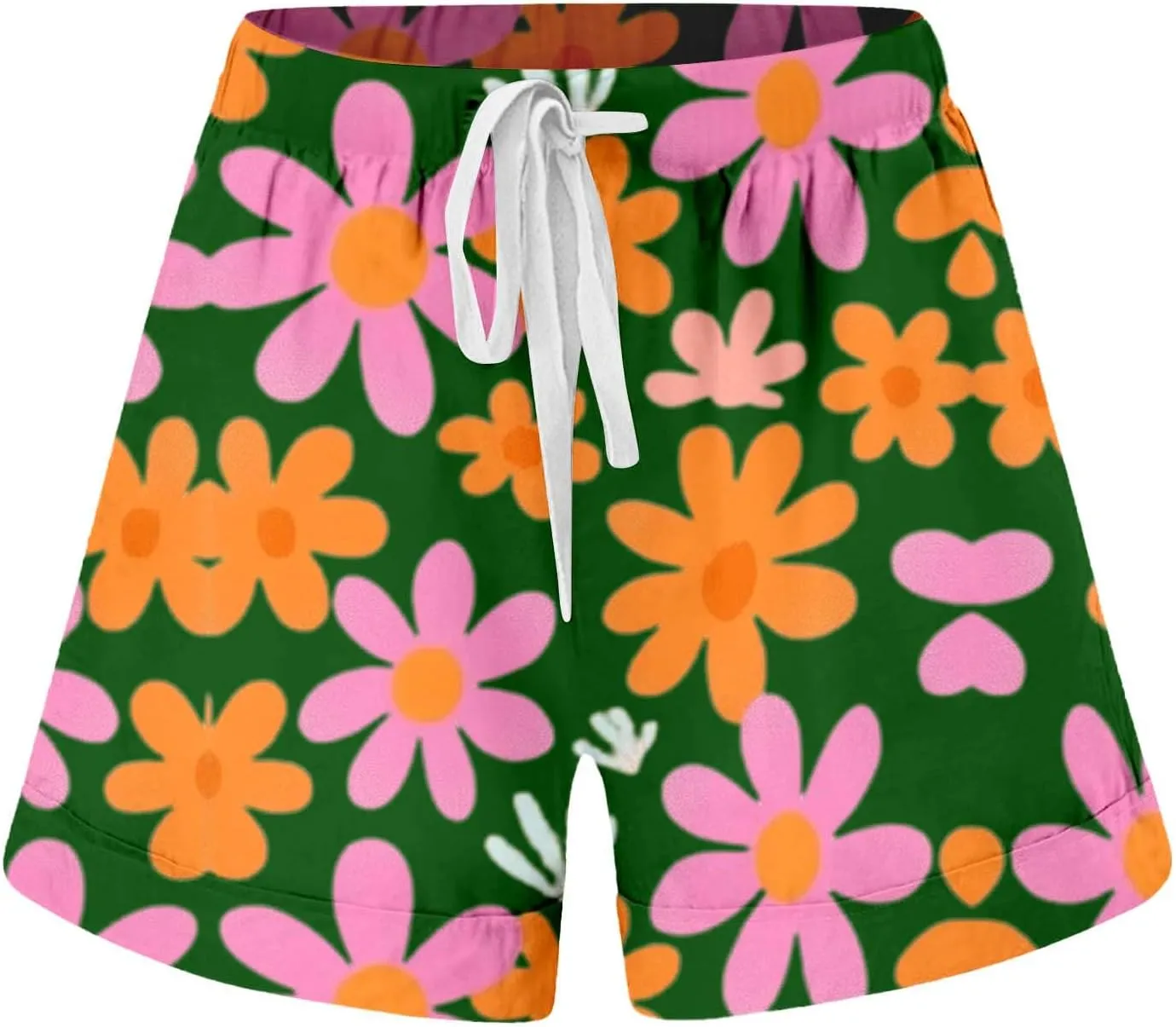 Womens Summer Shorts Beach Drawstring High Waisted Vocation Floral Print Shorts Casual Wide Leg Shorts with Pockets
