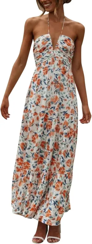 Women's Summer Sleeveless Halter Neck Boho Long Dress Backless Ruffle Hem Tiered Flowy Maxi Sundress Beach Vacation