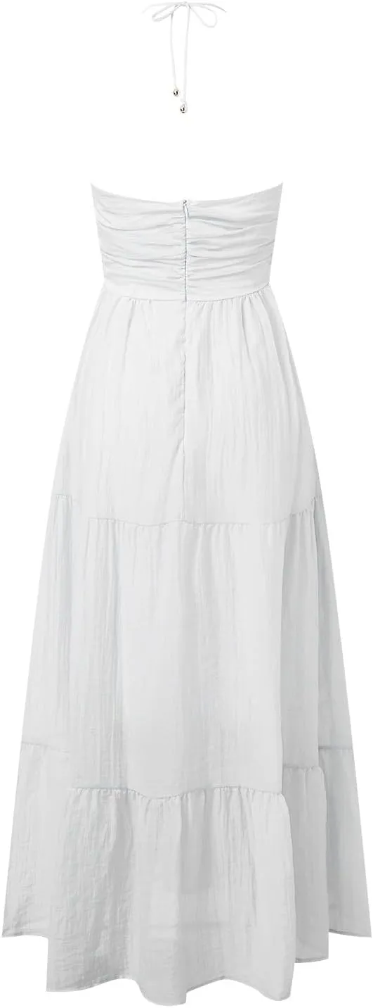 Women's Summer Sleeveless Halter Neck Boho Long Dress Backless Ruffle Hem Tiered Flowy Maxi Sundress Beach Vacation