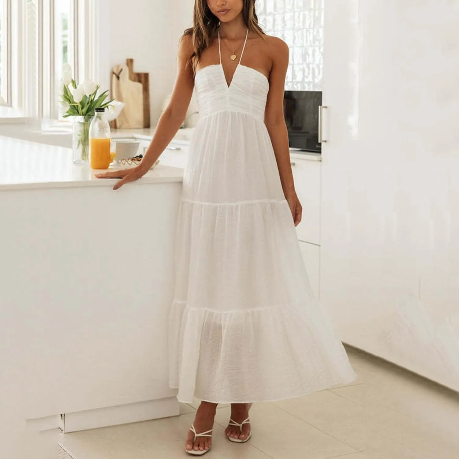 Women's Summer Sleeveless Halter Neck Boho Long Dress Backless Ruffle Hem Tiered Flowy Maxi Sundress Beach Vacation