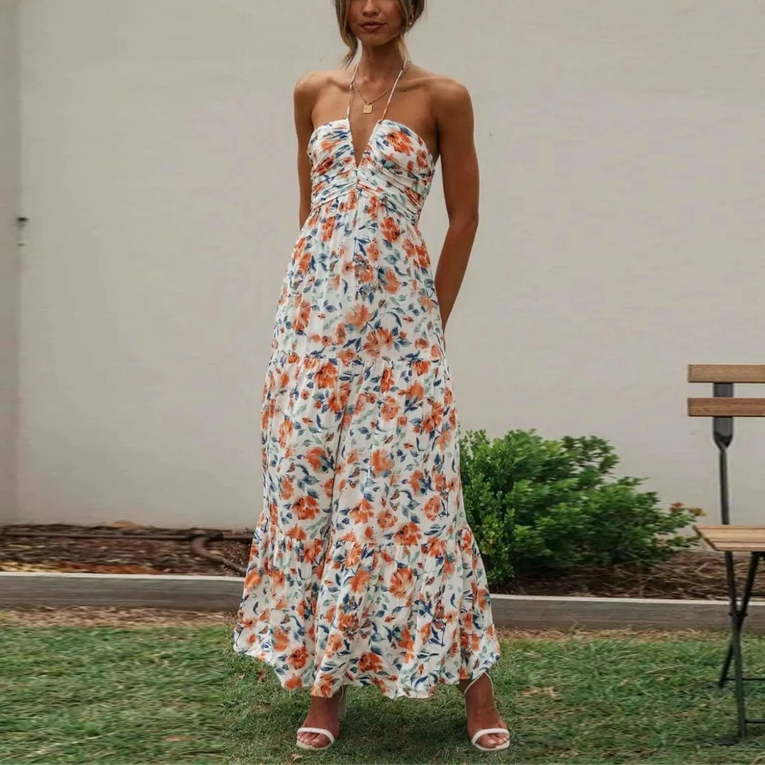 Women's Summer Sleeveless Halter Neck Boho Long Dress Backless Ruffle Hem Tiered Flowy Maxi Sundress Beach Vacation