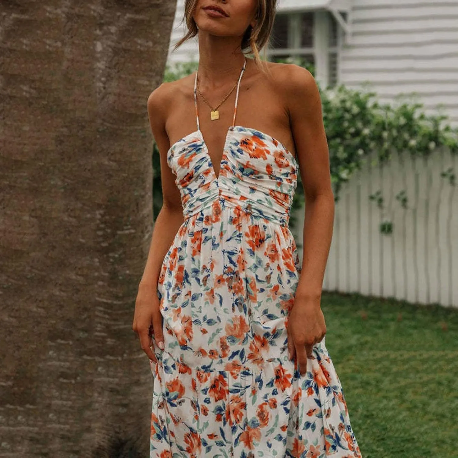 Women's Summer Sleeveless Halter Neck Boho Long Dress Backless Ruffle Hem Tiered Flowy Maxi Sundress Beach Vacation