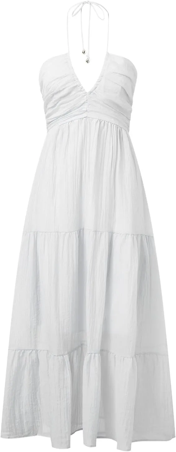 Women's Summer Sleeveless Halter Neck Boho Long Dress Backless Ruffle Hem Tiered Flowy Maxi Sundress Beach Vacation
