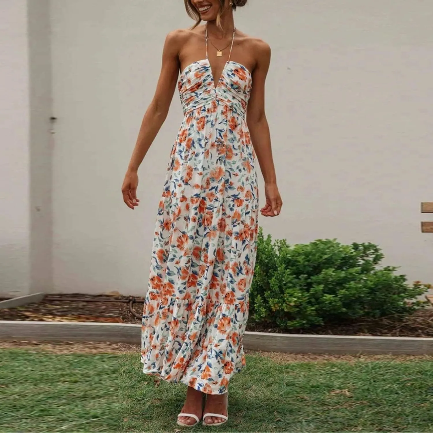 Women's Summer Sleeveless Halter Neck Boho Long Dress Backless Ruffle Hem Tiered Flowy Maxi Sundress Beach Vacation