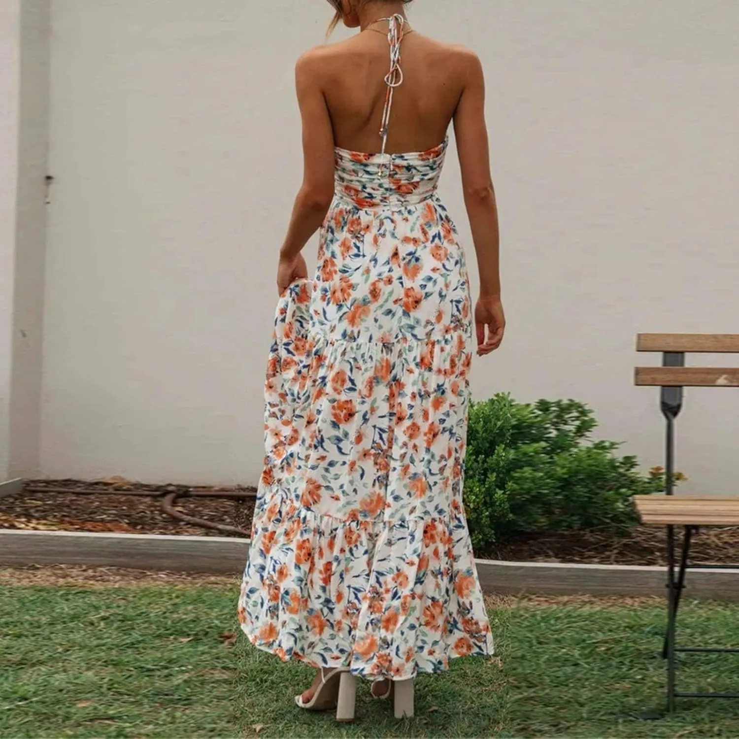 Women's Summer Sleeveless Halter Neck Boho Long Dress Backless Ruffle Hem Tiered Flowy Maxi Sundress Beach Vacation