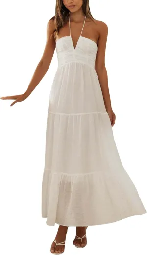 Women's Summer Sleeveless Halter Neck Boho Long Dress Backless Ruffle Hem Tiered Flowy Maxi Sundress Beach Vacation