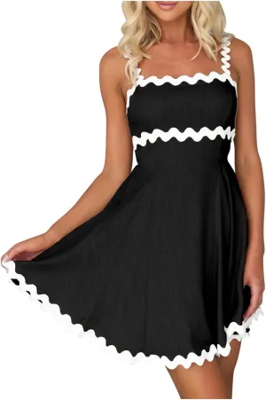 Womens Summer Spaghetti Strap Mini Dress Sleeveless Flowy Sundress with Ruffle Hem Casual Beach Dress