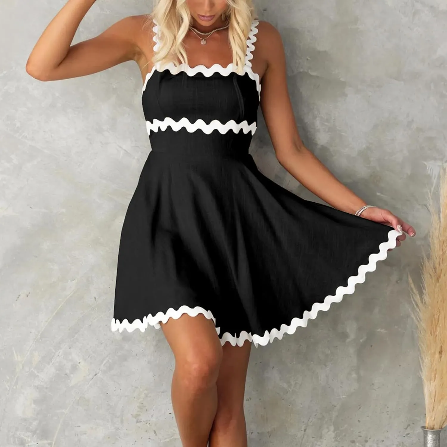 Womens Summer Spaghetti Strap Mini Dress Sleeveless Flowy Sundress with Ruffle Hem Casual Beach Dress