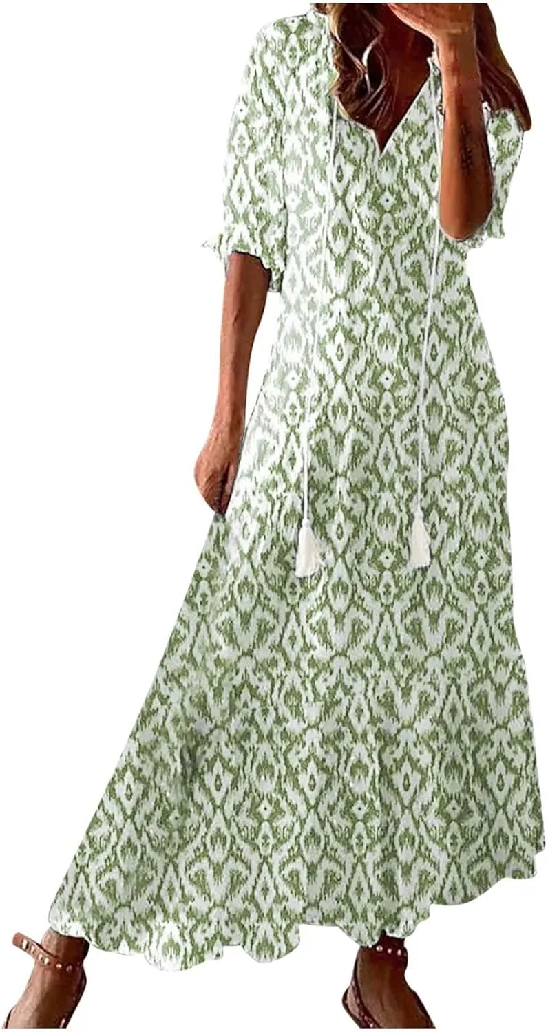 Women's Summer Spring A-Line Dress Casual Printed Hide Belly Dress Three-Quarter Sleeve Vacation Long Dress