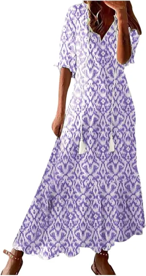 Women's Summer Spring A-Line Dress Casual Printed Hide Belly Dress Three-Quarter Sleeve Vacation Long Dress