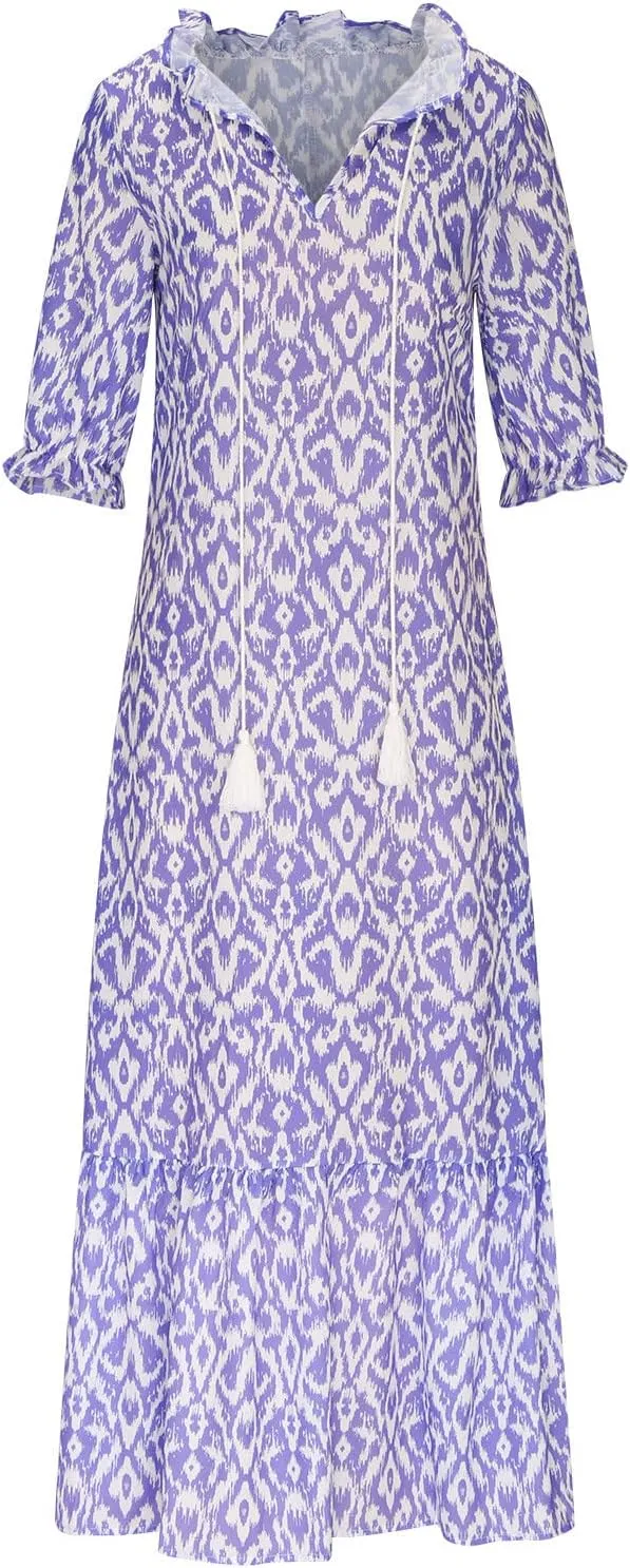 Women's Summer Spring A-Line Dress Casual Printed Hide Belly Dress Three-Quarter Sleeve Vacation Long Dress
