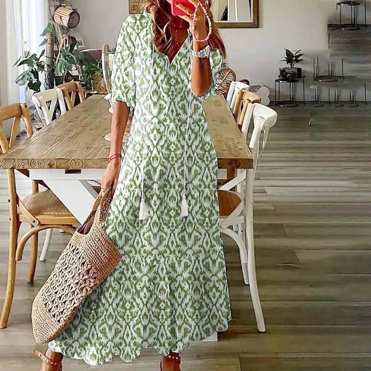 Women's Summer Spring A-Line Dress Casual Printed Hide Belly Dress Three-Quarter Sleeve Vacation Long Dress