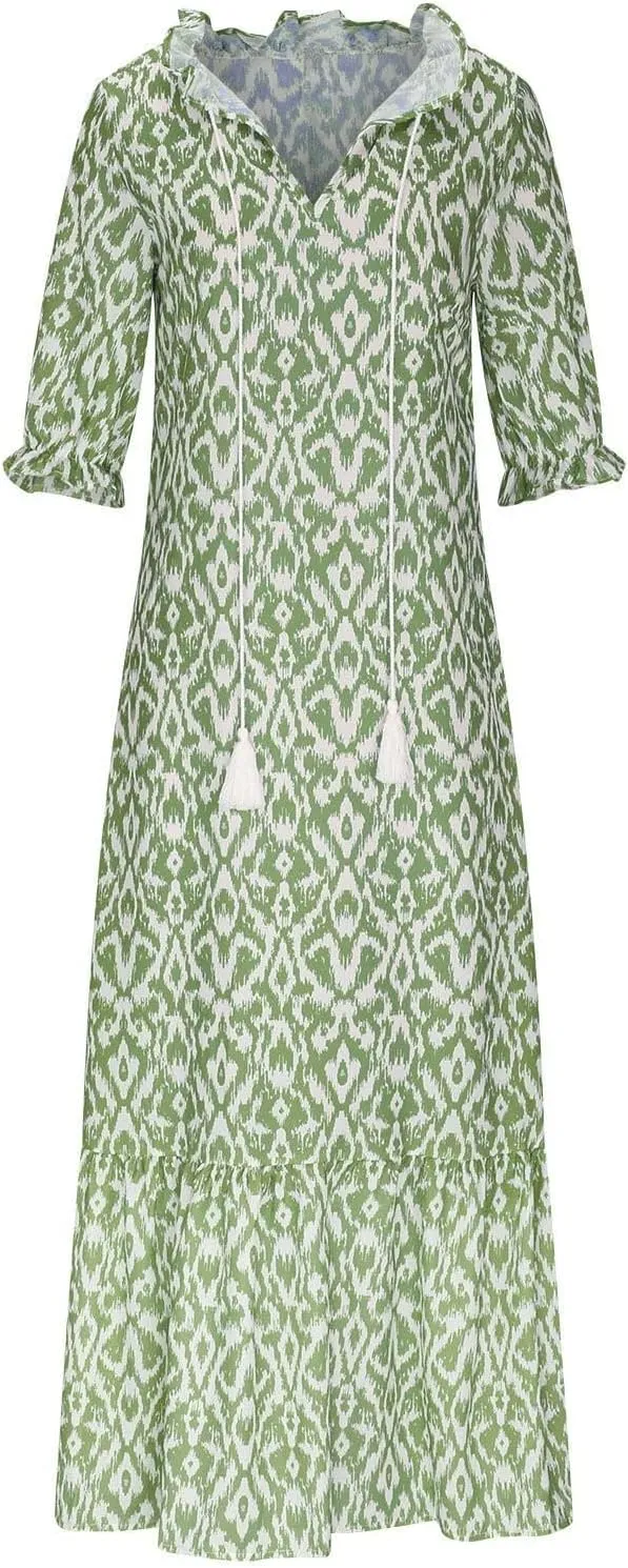Women's Summer Spring A-Line Dress Casual Printed Hide Belly Dress Three-Quarter Sleeve Vacation Long Dress