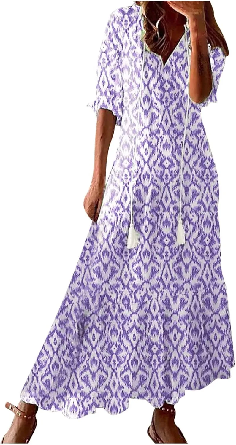 Women's Summer Spring A-Line Dress Casual Printed Hide Belly Dress Three-Quarter Sleeve Vacation Long Dress