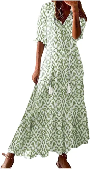 Women's Summer Spring A-Line Dress Casual Printed Hide Belly Dress Three-Quarter Sleeve Vacation Long Dress