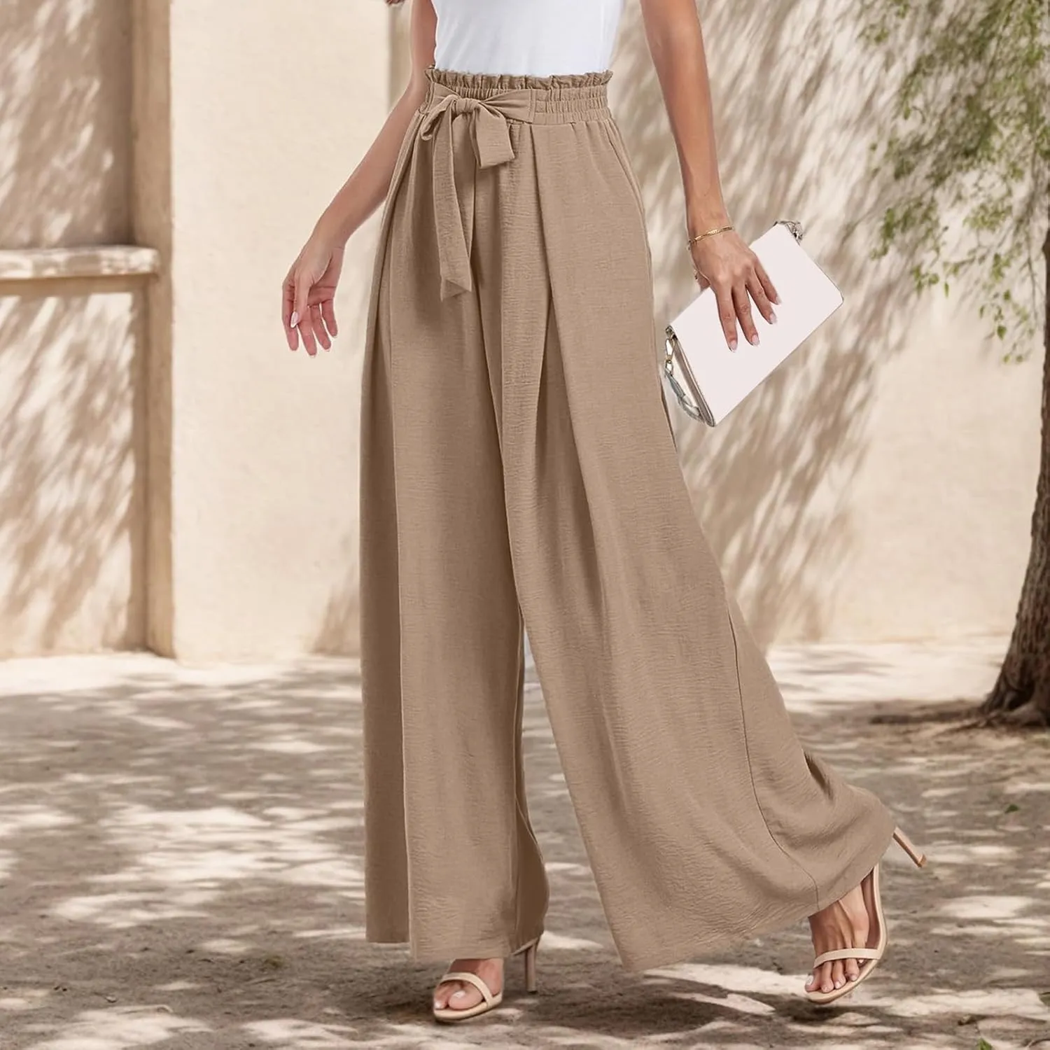 Womens Summer Wide Leg Pants Fashion Dressy Business Pants Drawstring Elastic Waist Boho Pant Solid Color Loose Pant