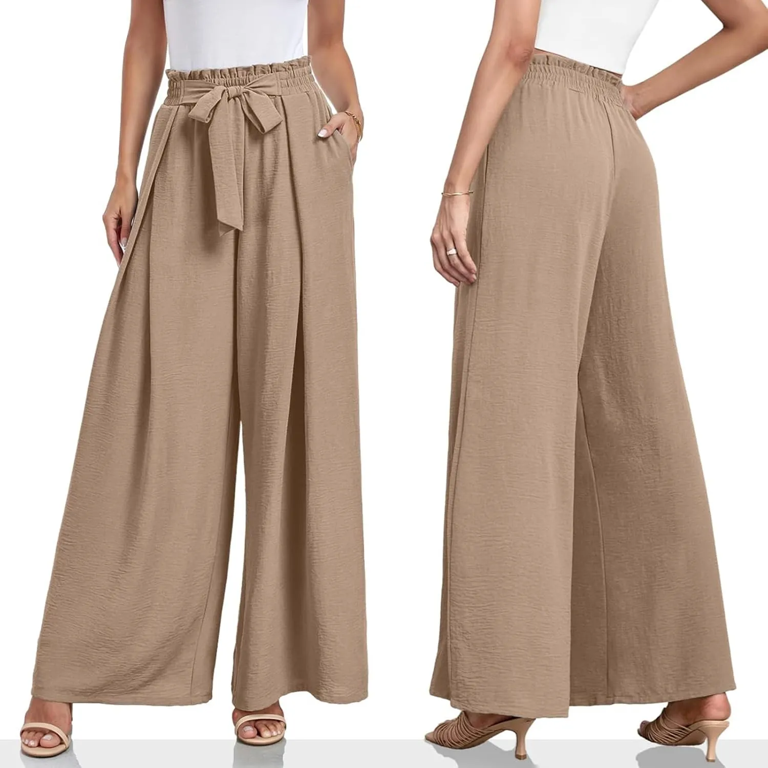 Womens Summer Wide Leg Pants Fashion Dressy Business Pants Drawstring Elastic Waist Boho Pant Solid Color Loose Pant