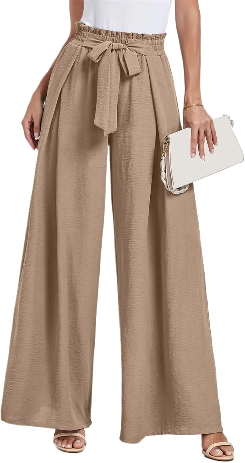 Womens Summer Wide Leg Pants Fashion Dressy Business Pants Drawstring Elastic Waist Boho Pant Solid Color Loose Pant