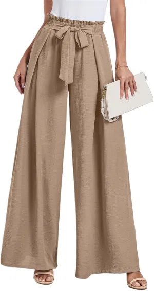 Womens Summer Wide Leg Pants Fashion Dressy Business Pants Drawstring Elastic Waist Boho Pant Solid Color Loose Pant
