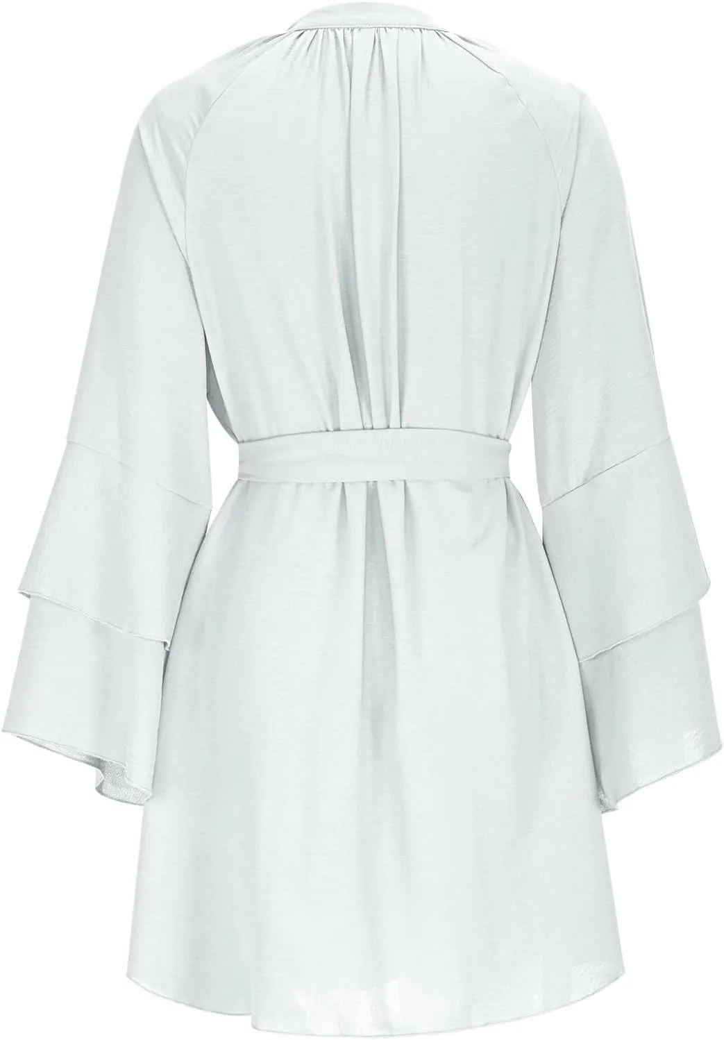 Womens V Neck Casual Dresses Summer Loose High Waist Ruffle Pleated Cute Mini Dress Plain Long Sleeve Sundress