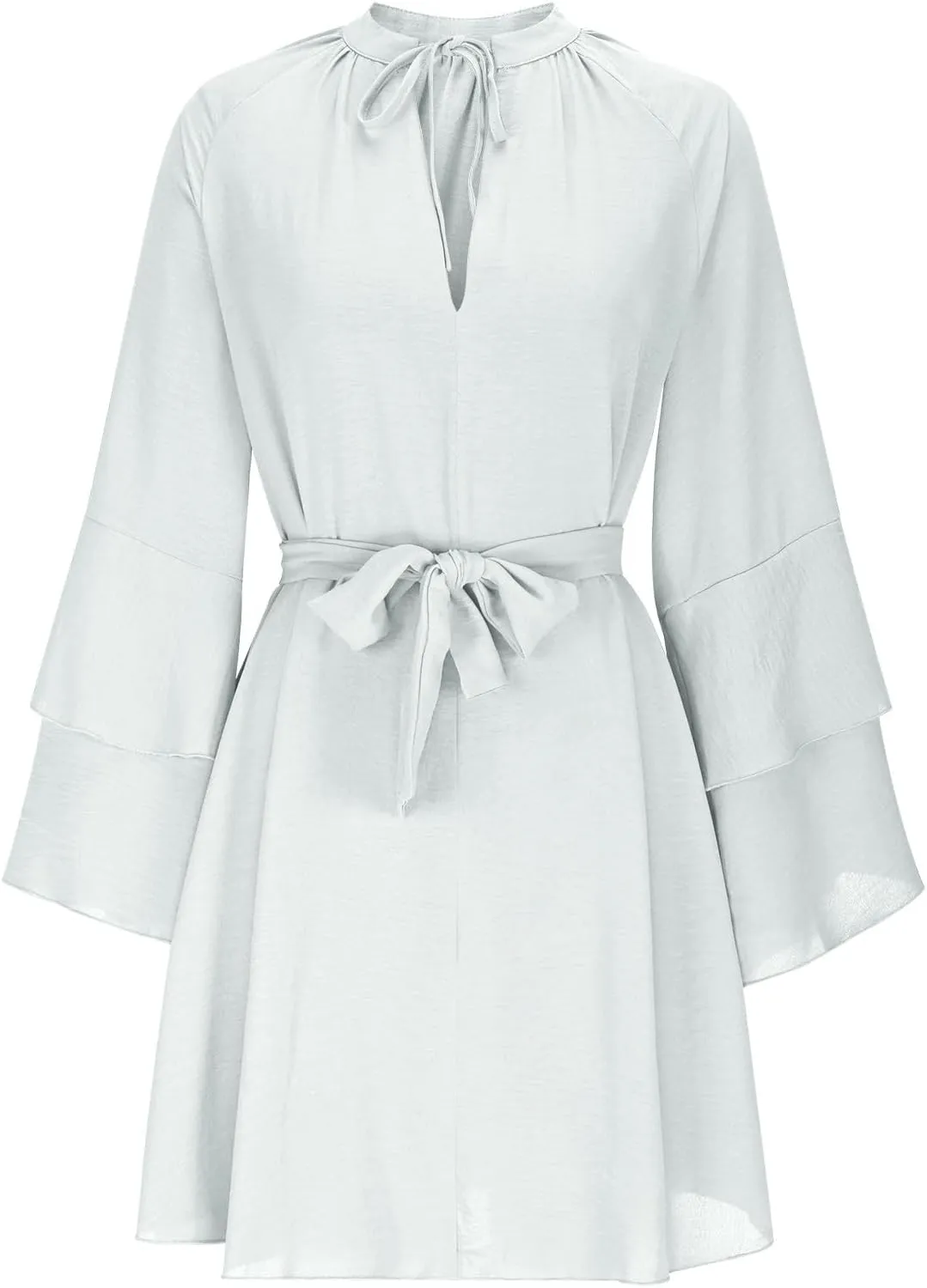 Womens V Neck Casual Dresses Summer Loose High Waist Ruffle Pleated Cute Mini Dress Plain Long Sleeve Sundress