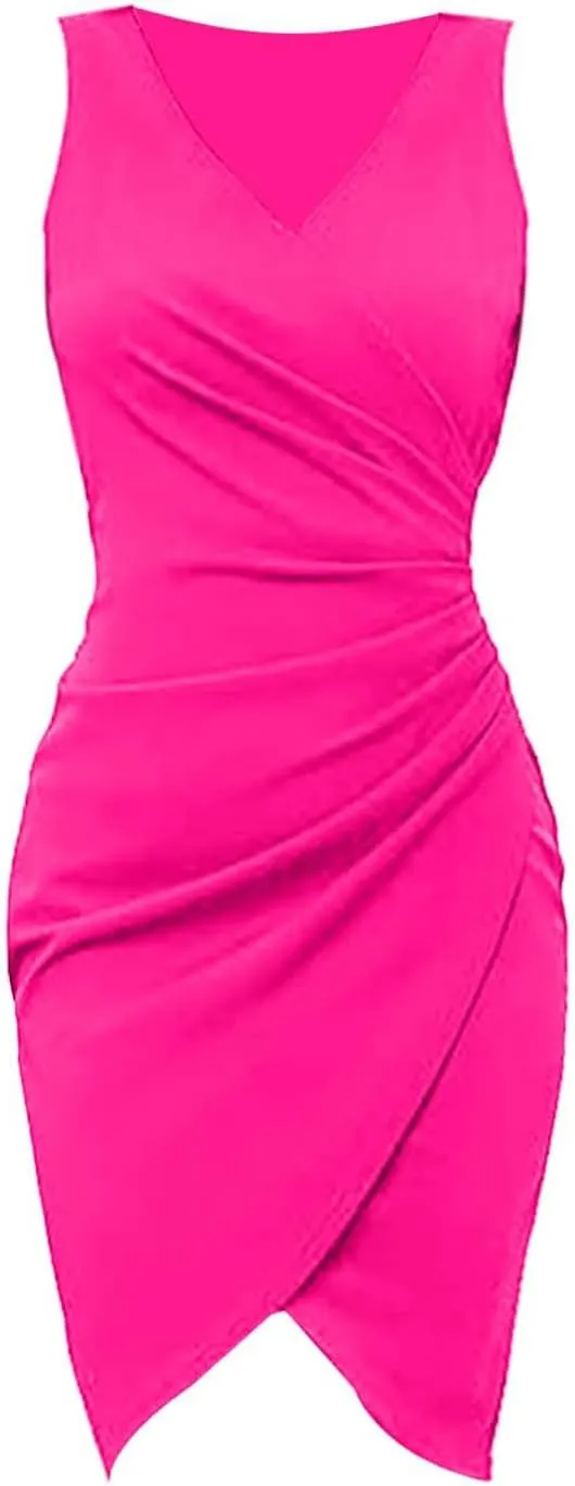 Women's V Neck Sleeveless Cocktail Dresses Ruched Bodycon Dresses Evening Party Short Dress S-2XL