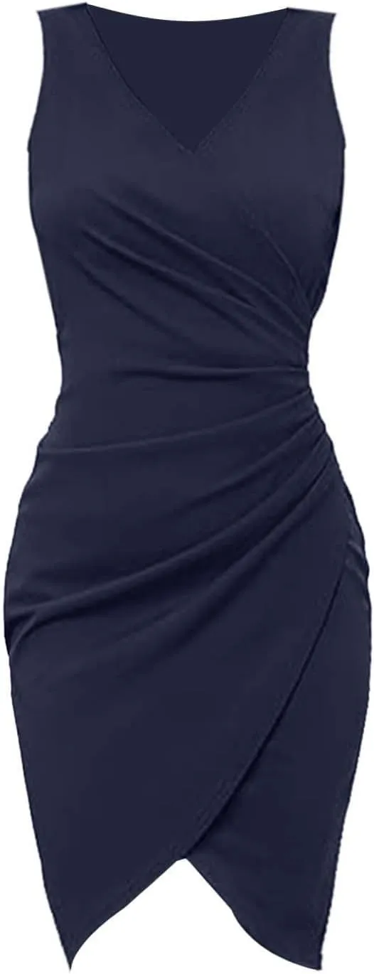 Women's V Neck Sleeveless Cocktail Dresses Ruched Bodycon Dresses Evening Party Short Dress S-2XL