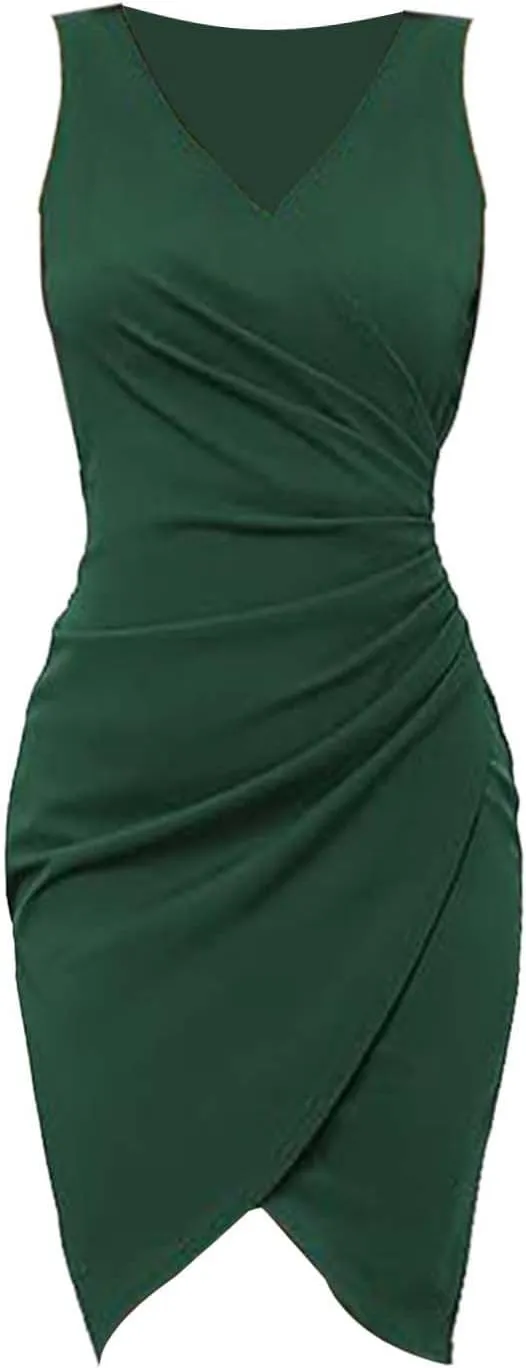 Women's V Neck Sleeveless Cocktail Dresses Ruched Bodycon Dresses Evening Party Short Dress S-2XL