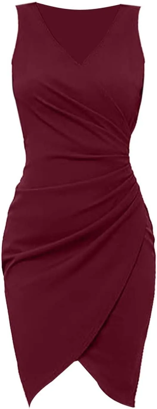 Women's V Neck Sleeveless Cocktail Dresses Ruched Bodycon Dresses Evening Party Short Dress S-2XL