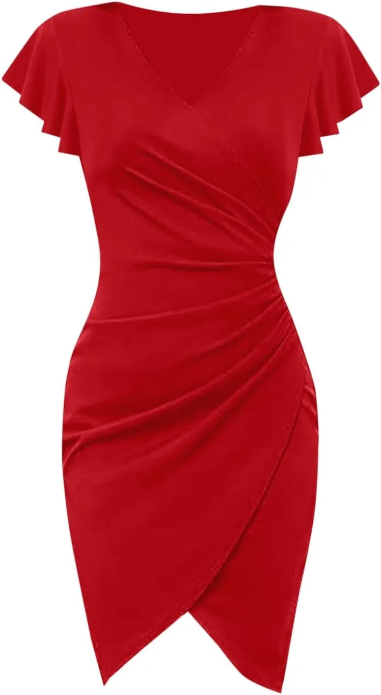 Women's V Neck Sleeveless Cocktail Dresses Ruched Bodycon Dresses Evening Party Short Dress S-2XL