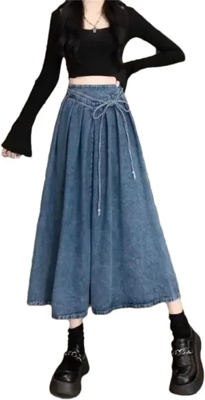 Women's Vintage Denim Skirt Slimming Elastic Waist Hip Covering Umbrella Dress A- Line Long Dress