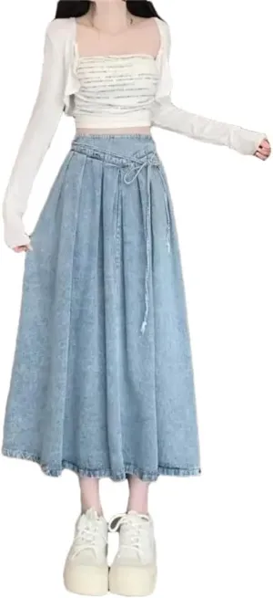 Women's Vintage Denim Skirt Slimming Elastic Waist Hip Covering Umbrella Dress A- Line Long Dress