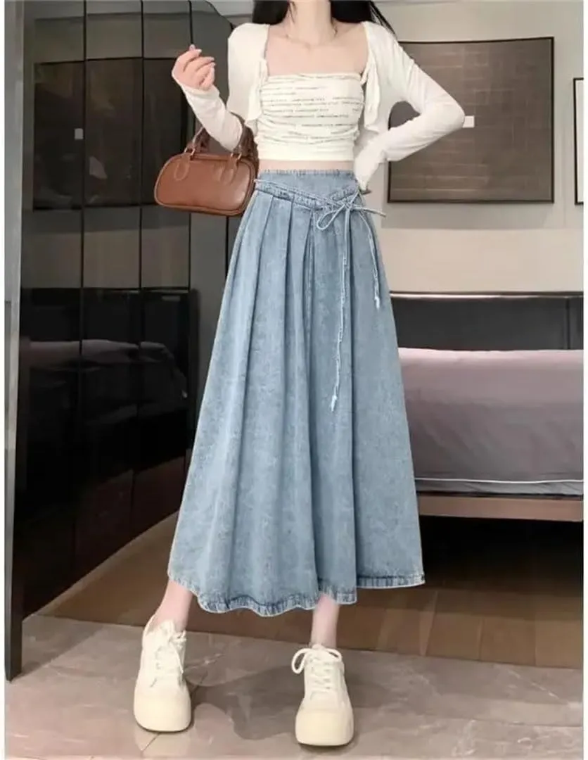 Women's Vintage Denim Skirt Slimming Elastic Waist Hip Covering Umbrella Dress A- Line Long Dress