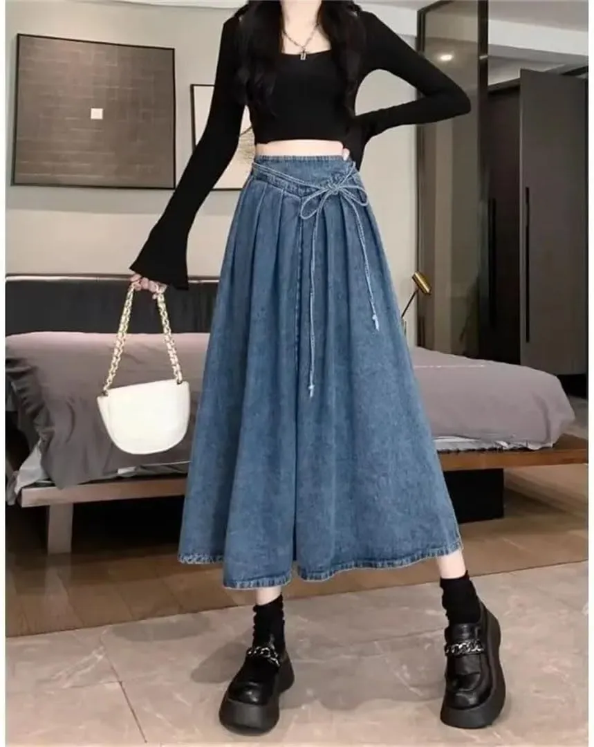Women's Vintage Denim Skirt Slimming Elastic Waist Hip Covering Umbrella Dress A- Line Long Dress